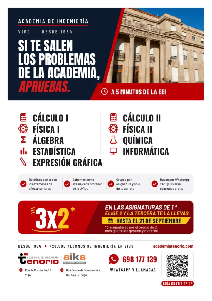 Promoción 3x2 en Industriales de 1º curso de la UVigo - Academia Tenorio en Vigo.