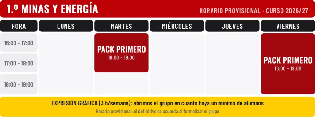 Horario 1.º Ingeniería Minas y Energia, primer cuatrimestre, 2026/27