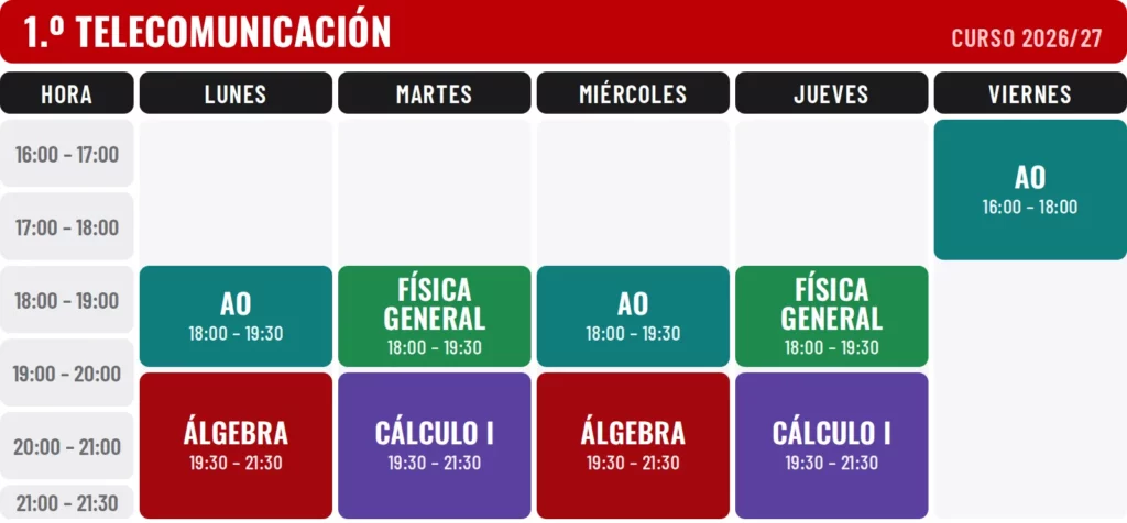 Horario 1.º Ingeniería Teleco, primer cuatrimestre, 2026/27