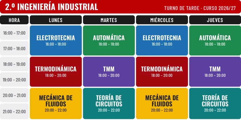 Horario 2.º Ingeniería Industrial turno de tarde, primer cuatrimestre, 2026/27