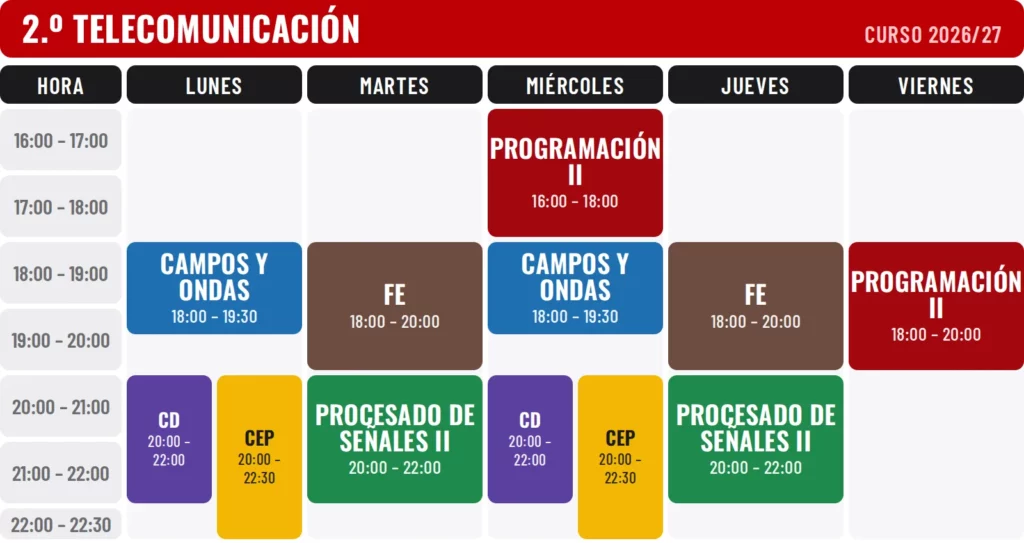 Horario 2.º Ingeniería Teleco, primer cuatrimestre, 2026/27