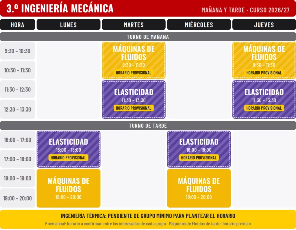 Horario 3.º Ingeniería Mecánica, primer cuatrimestre, 2026/27